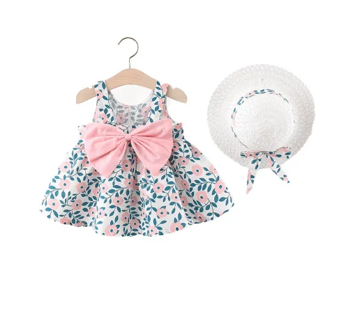 

Baby Girls Beach Princess Dress Cute Bow Flowers Sleeveless Cotton Summer Toddler Dresses+Sunhat Newborn Clothing Set BC2020