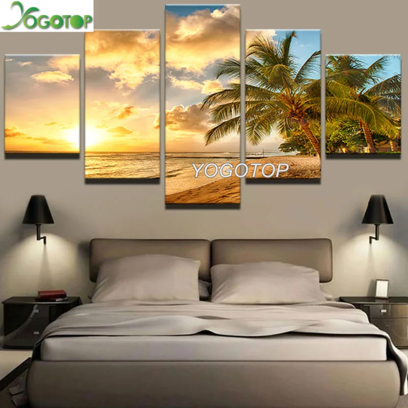 

DIY Diamond Painting 5 Panel Palm Trees Sea Sunset Landscape 5D Full Drill mosaic Diamond Embroidery Handcraft Kit Decor ML1025