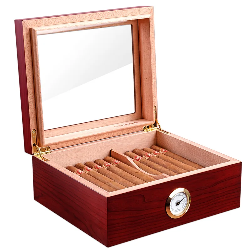 

COHIBA Humidor Aprox 50pcs Capacity Cedar Wood Cigar Moisturizing Box With Hygrometer Humidifier HH-120 Glass Top