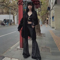 goth girl stitching lace wide leg pants dark hip hop flared pants college female students dance harem pants gothic pants female