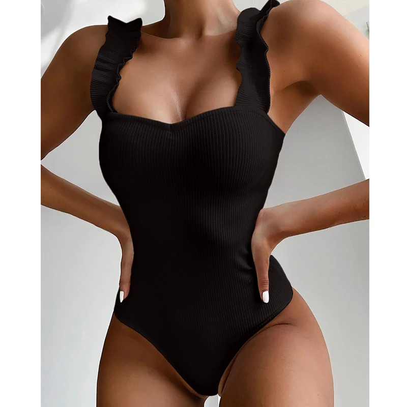 2021 Sexy Ribbed One Piece Swimsuit Women Wood Ear Ruffle Swimwear Push Up Monokini Bathing Suit Summer Beach Wear Swimming | Женская