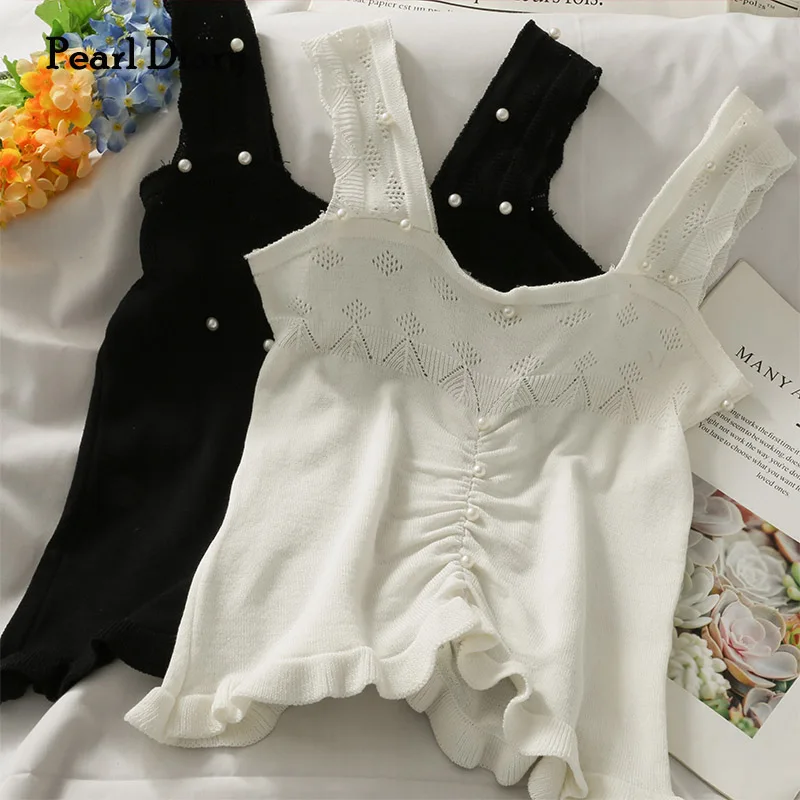 

Pearl Diary Women Knitting Ruched Front With Pearl Beading Sleeveless Flounce Hem Sweet White Top Cute Korean Style Slim Tops