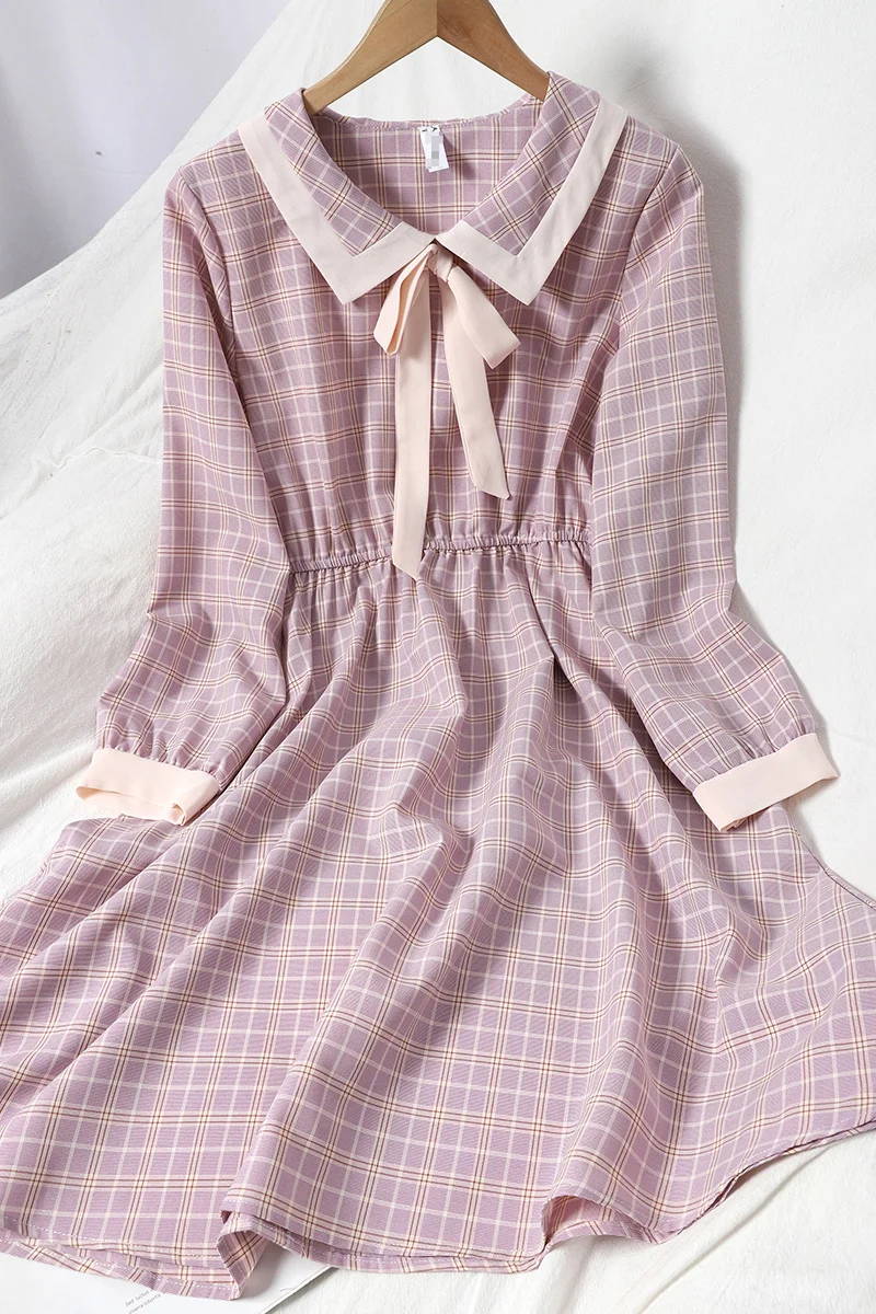 

Versatile age reducing small fresh Long Sleeve Plaid Dress spring color contrast bandage Lapel waist slim sweet dress