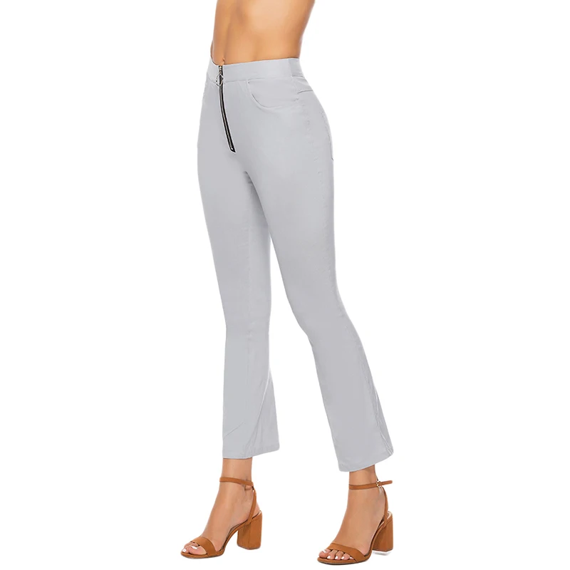 

2019 Spring Stumn Women High Waist Pant Long Zipper Micro Elastic Solid Color Pockets Women Casual Flare Pants