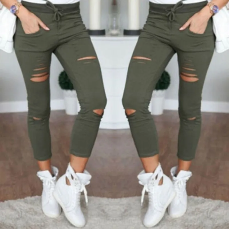 

Fashion Women Skinny Ripped Holes Jeans High Waist Stretch Slim Pencil Trousers Casual Solid Shredded leggings Pants