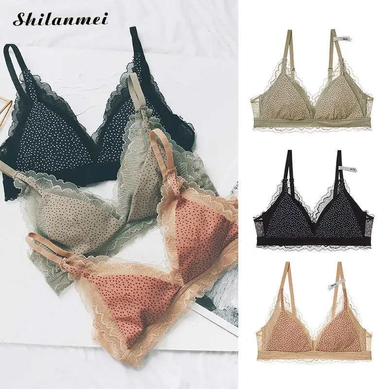 

Sweet Lace Thin Triangle Bra For Girls Teenager Dot Printed Push-Up Bra Underwear Adjusts Strap Wire Free Puberty Students Bras