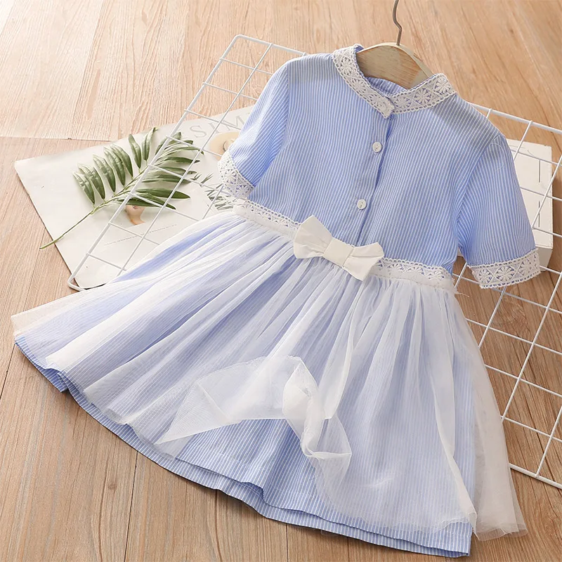 

Платье для маленьких девочек, модное Сетчатое платье принцессы в полоску с коротким рукавом и прострочкой, детская одежда для девочек 3, 4, 5, 6...