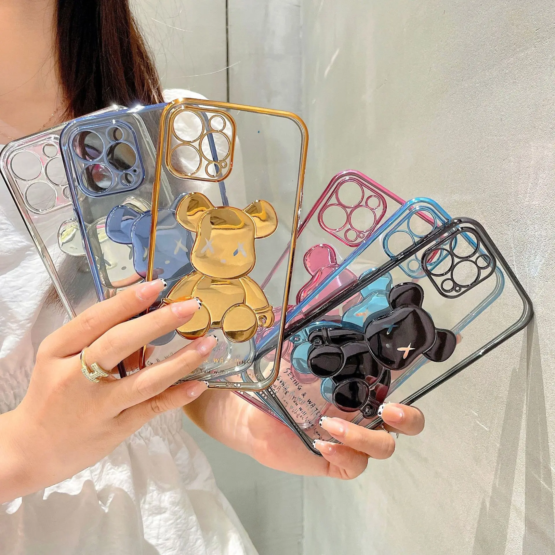 

3D Bear soft phone case for iPhone 13 Pro max Apple 7/8 plus electroplating transparent phone cover