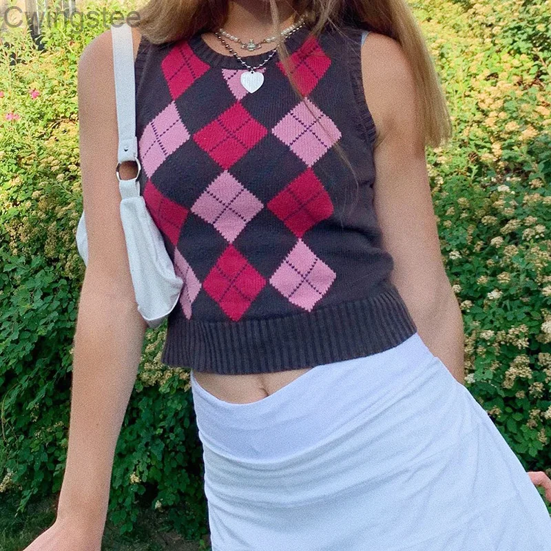 

Argyle Plaid Knitted Tank Top Female Stripe V Neck Casual 90 Cropped Knitwear Streetwear Aesthetic Top Clothes