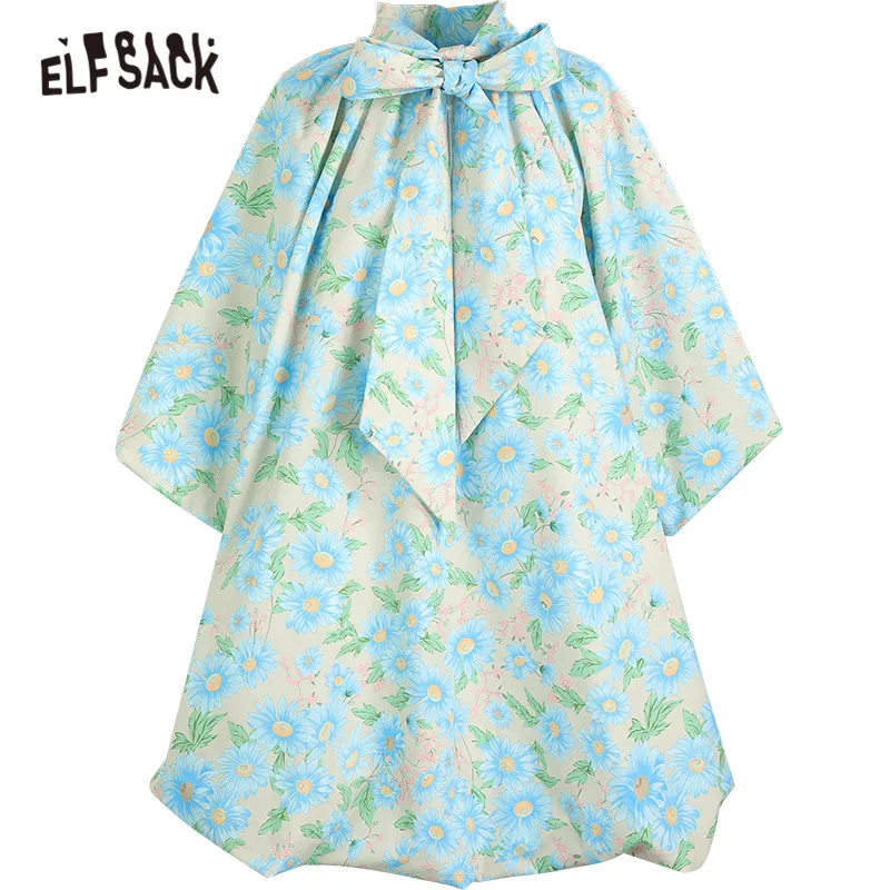 

ELFSACK Daisy Floral Casual Princess Style Vintage Dresses Women,2021 Summer Bows Front Puff Sleeve Korean Ladies Party Dress