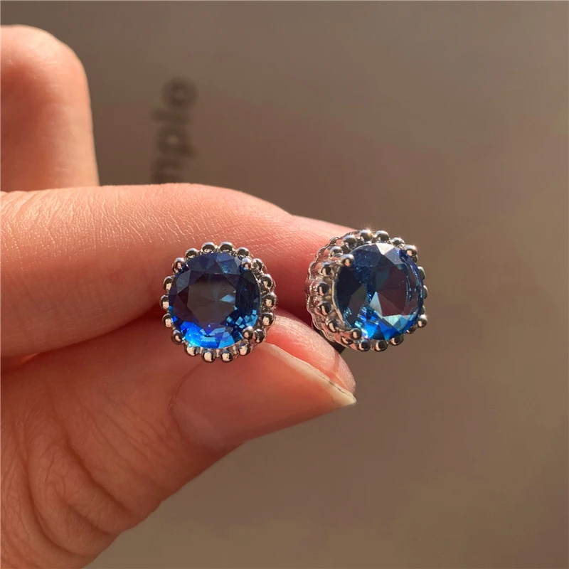 

Classic Female Crystal Flower Stud Earrings Charm Silver Color Wedding Earrings Dainty Rainbow Round Zirconia Earrings For Women