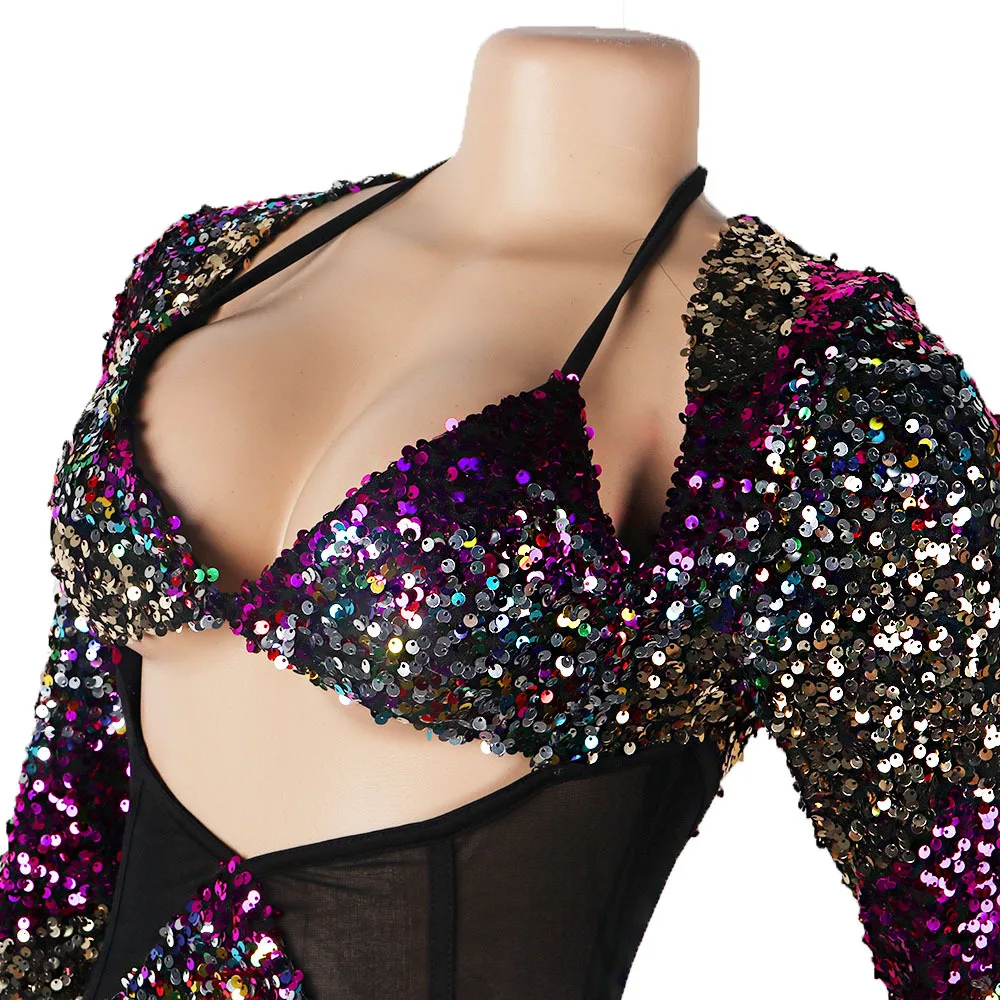 

Sexy Hollow Out Sequined Dress V Neck Wrap Long Sleeve Knee Length Pencil Dress Women's Sexy Nightclub Mesh See Through Dress