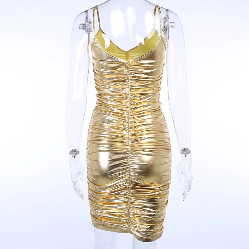 Fuedage пикантное Золотое Платье из искусственной кожи женское облегающее