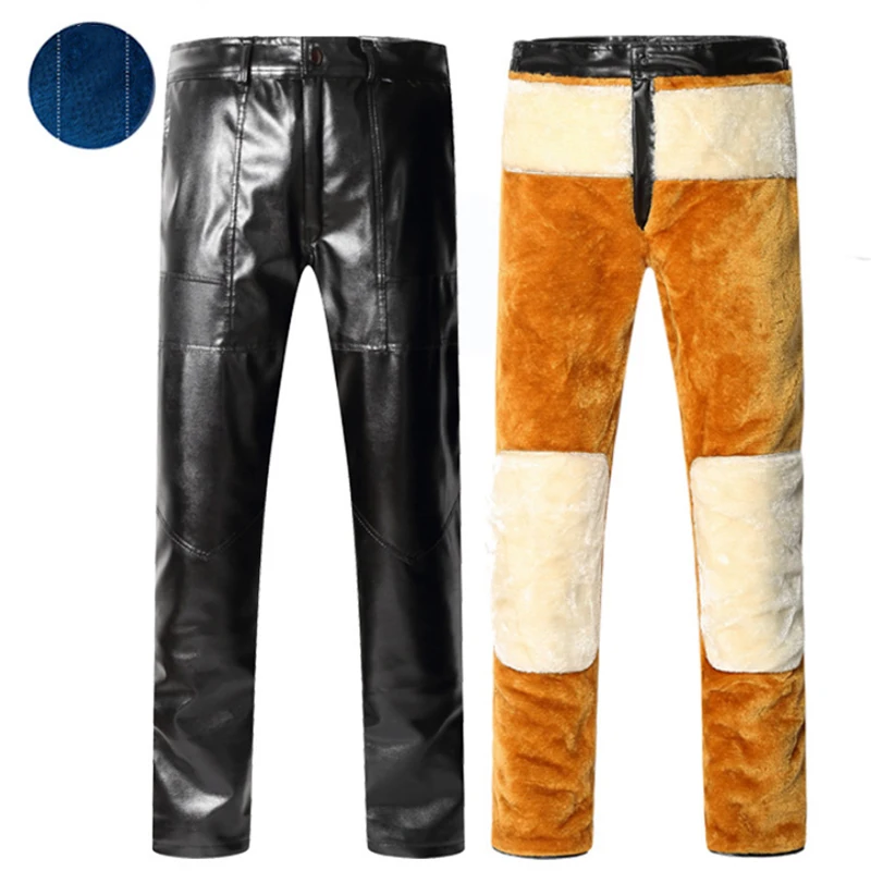 Мужские кожаные брюки Зимние флисовые Теплые повседневные из искусственной кожи