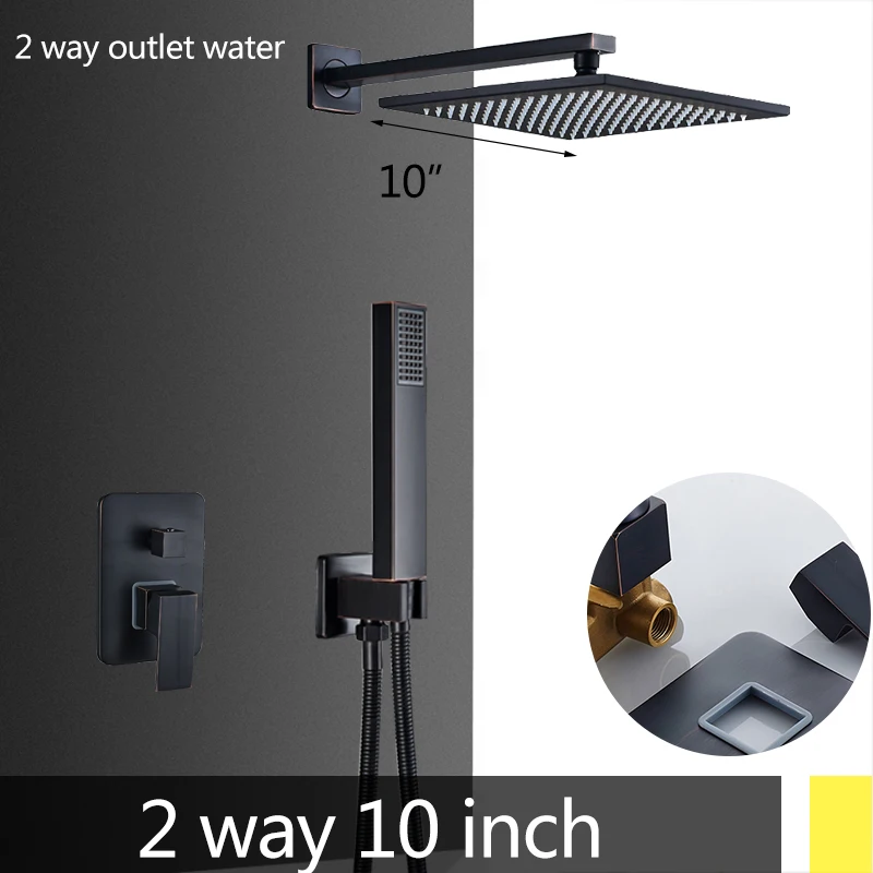 2 way 10 inch Скрытый черный Ванная комната душевой кран латунный 2-полосным смесительный клапан смесители для душа с ручным душем 8/10/12/1" дождевая Насадки для душа - Цвет: 2 way 10 inch