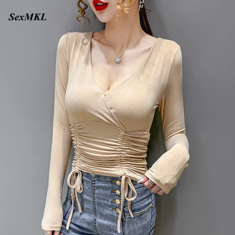

Women Sexy V Neck T Shirts 2020 Fashion Long Sleeve Winter Basic Crop Tops Korean Clothing Casual Slim White Black Short Tshirt