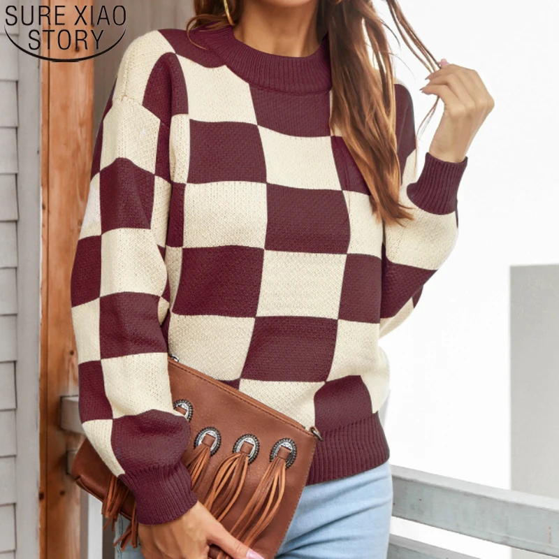 

Модный женский свитер, корейский пуловер с круглым вырезом, вязаный свитер в клетку с геометрическим рисунком, джемпер на осень и зиму, свит...