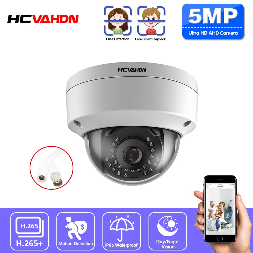 

Камера видеонаблюдения H.265 5 МП, антивандальная HD-камера 5 Мп с датчиком движения, лицом, ИК-подсветкой, ночным видением, большая купольная AHD-...