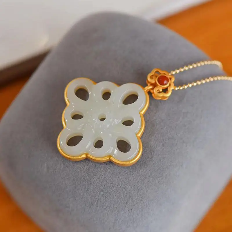 

Hetian Gray Jade White Jade Pendant Simple Exquisite Clavicle Chain Hollow Retro Geometric Gold Plated Sterling Silver Gift for
