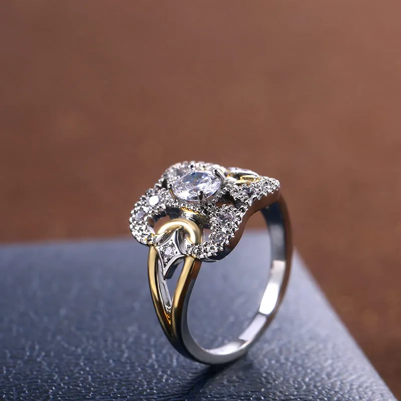 

Classic Female White Crystal Stone Ring Luxury Gold Silver Color Wedding Rings For Women Dainty Hollow Square Engagement Ring