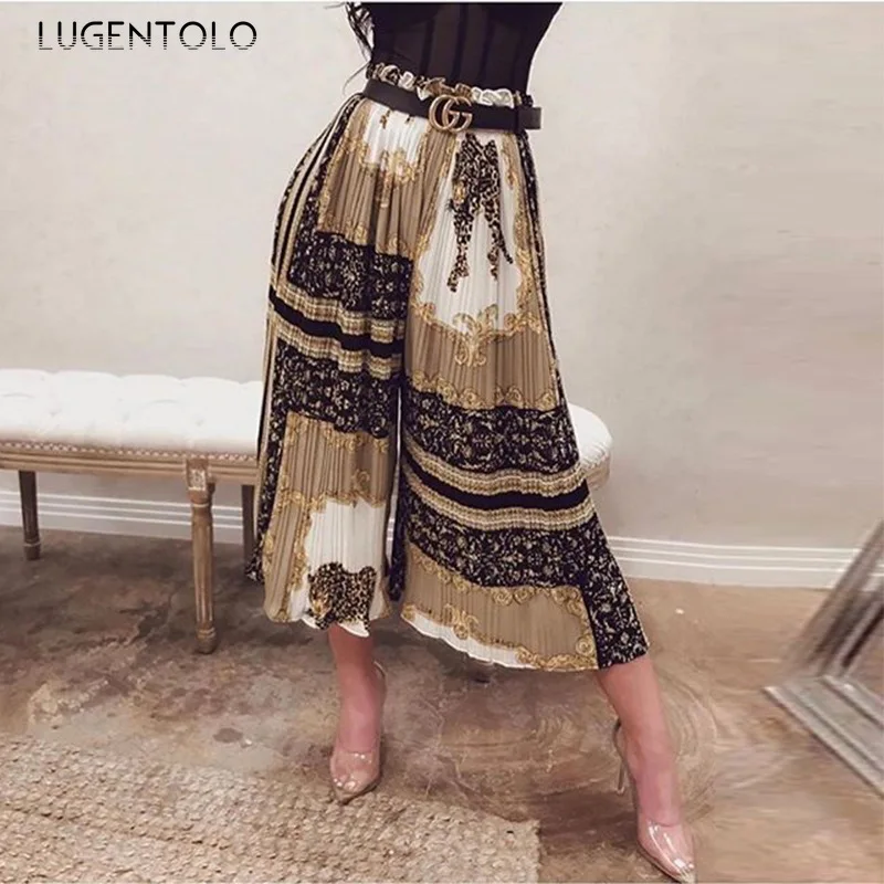 

Elegant Pants Women Chiffon Print Casual Loose Summer Ankle-length Wide Leg Pants Female Street Mid Waist Pants Lugentolo