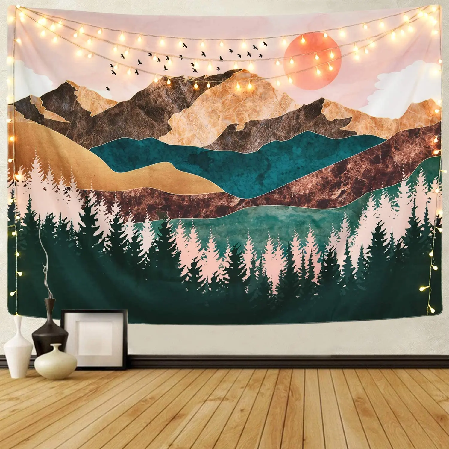 

Aesthetic Mountain Painting Tapestry Wall Hanging Forest Tree Tapestries Sunset Nature Landscape wall Tapestry for Living Room