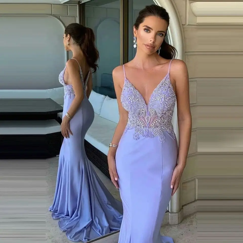 

Elegant Mermaid Evening Dress Beads Lace Appliques V Neck Spaghetti Straps Backless Women Formal Party Gowns Vestido De Noche