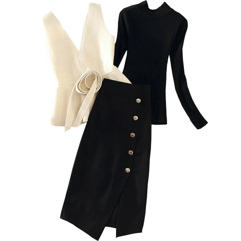 Women's Autumn New Korean Fashion Suit Three-piece Waistcoat + Knitted Top High Waist Bag Hip Skirt Female Sets |