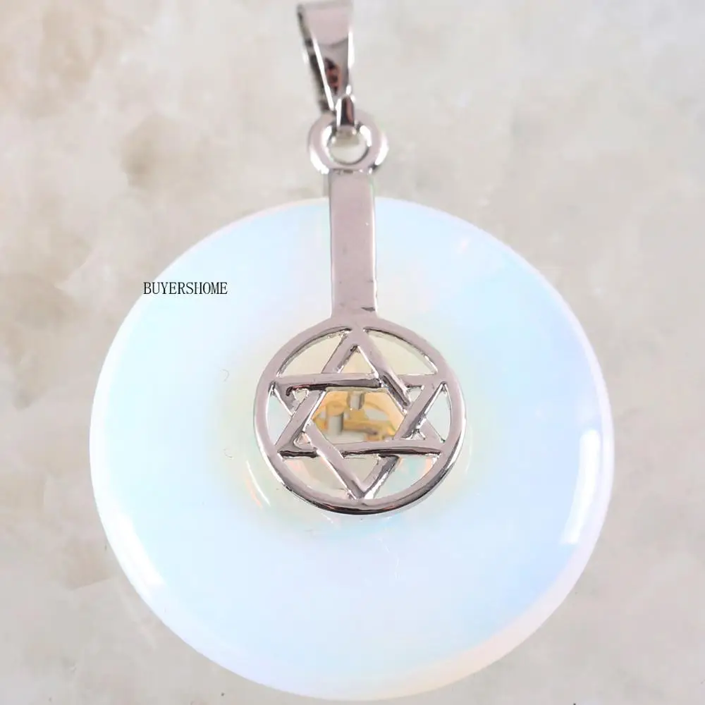 Silver Color Women Necklace Pendant Natural Gem Stone 30MM Round Bead White Opal Heptagram Star 1Pcs K758 | Украшения и