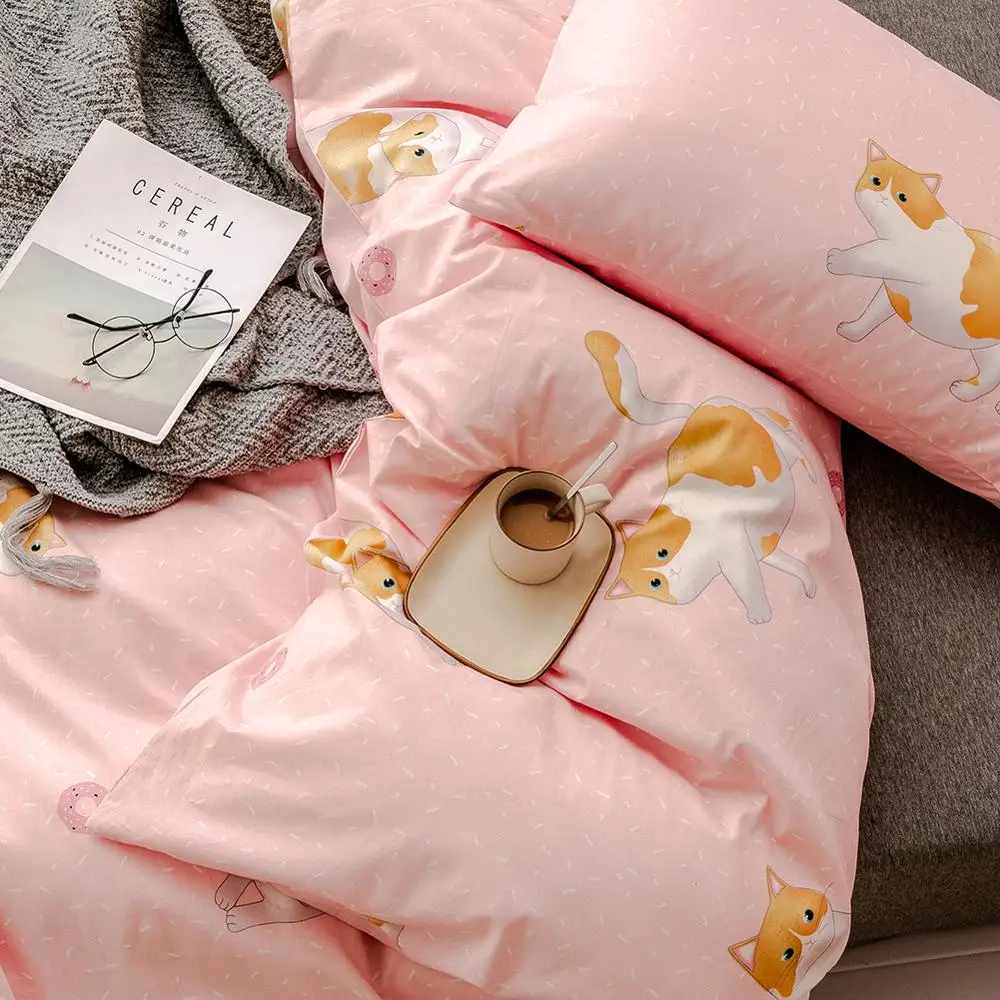 Постельные принадлежности персикового и розового цвета с принтом кота 100% хлопок
