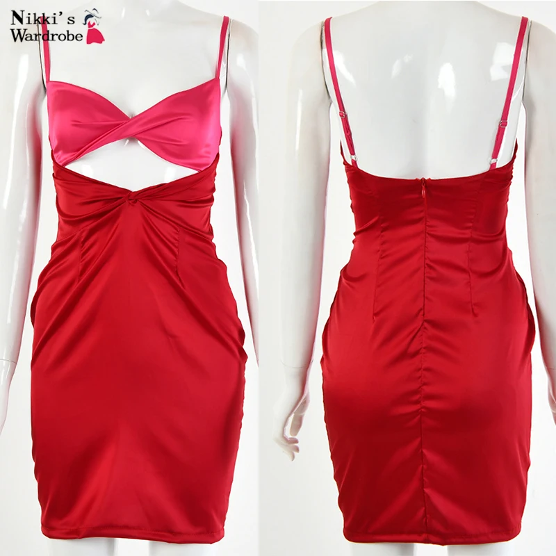 

Hollow Out Satin Patchwork Dress Sexy Slim Sleeveless Mini Dress Autumn Ladies Bodycon New Club Party Backless Vestidos