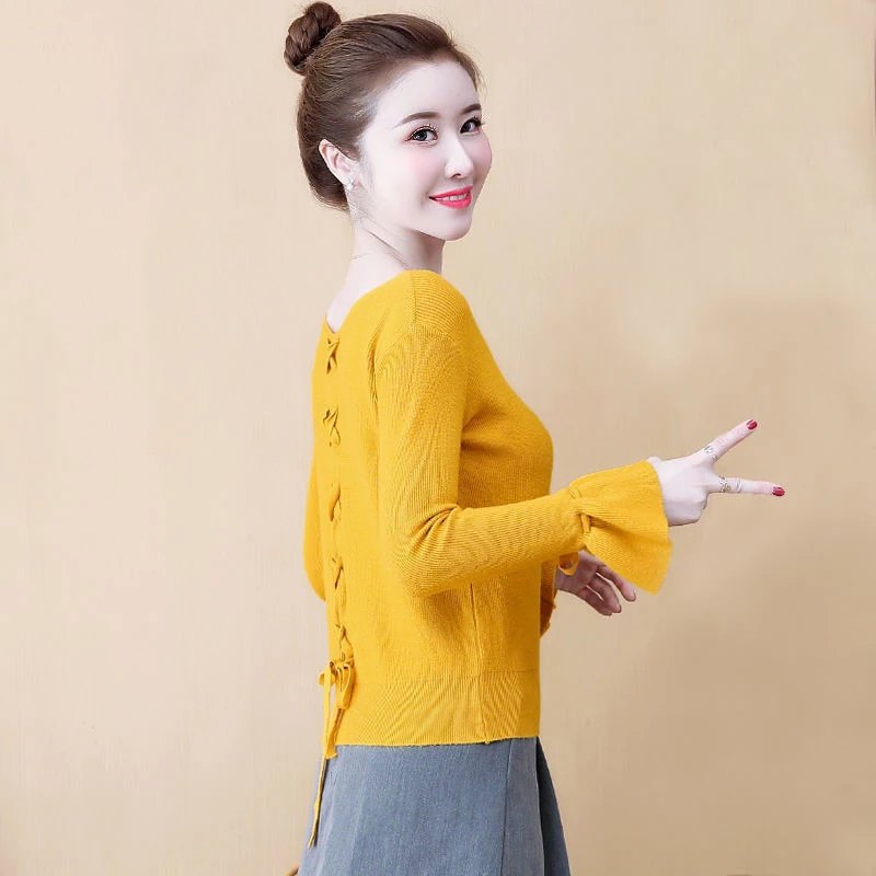 

Spring Autumn Style Women Knitted Pullover Tops Lady Casual V-Neck Long Flare Sleeve knitted Sweater Pullover ZZ0943