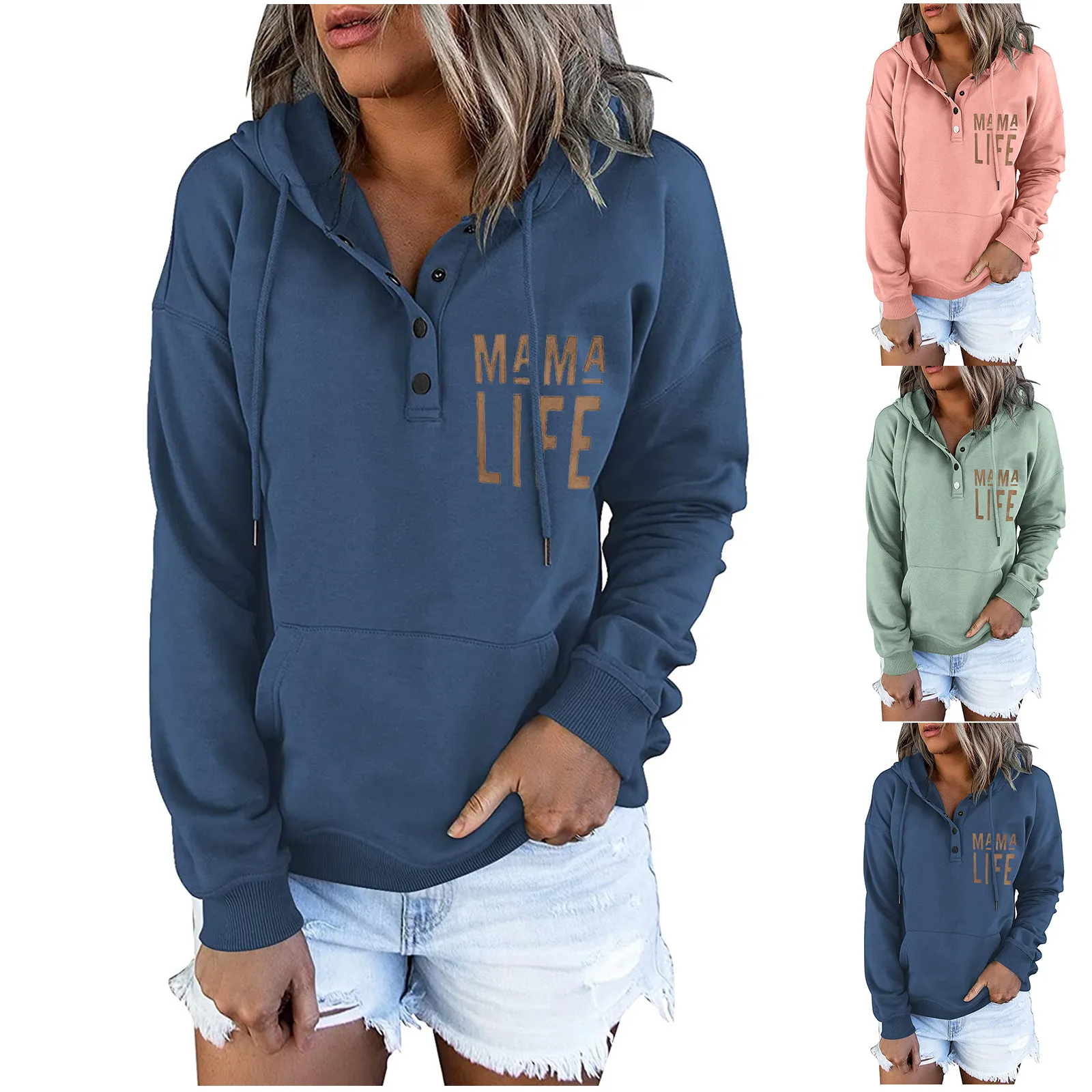 

Женский Повседневный пуловер на пуговицах, свитшот с капюшоном и надписью в винтажном стиле, свободная осенне-зимняя Толстовка с длинным ру...