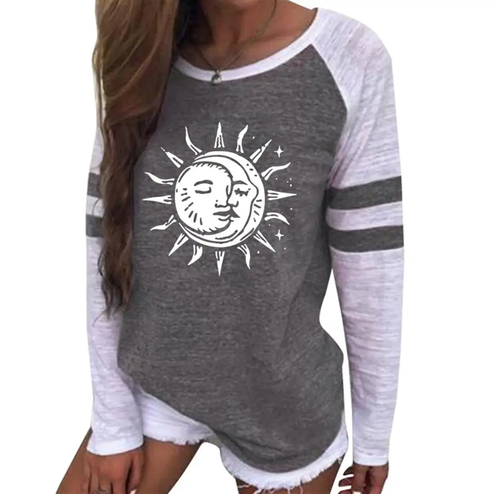 

Autumn Holiday Tee Shirts Slim Round Neck Fashion Print Long Sleeve T-shirt Loose Casual Contrast Stripe Patchwork Women T-shirt