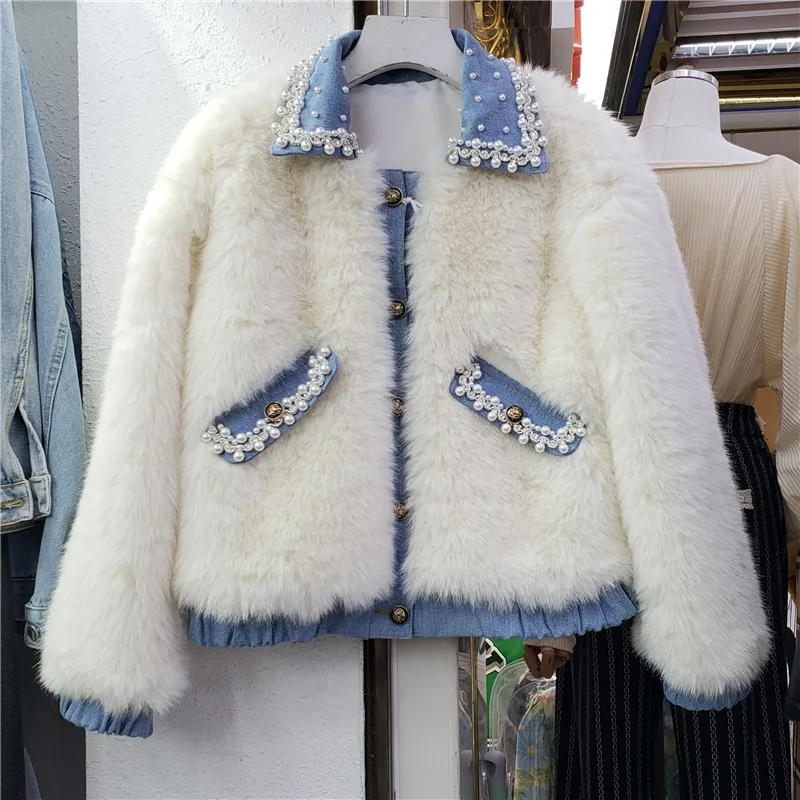 

Heavy Work Beaded Faux Fur Patchwork Denim Jacket Women Winter Parkas Lapel Long Sleeve Jeans Jackets Casual Short Abrigo Mujer