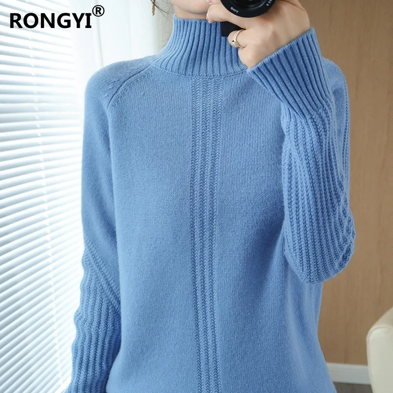 

RONGYI Women's 100%Wool Sweater Raglan Sleeve Half High Collar Tops Winter New Thick Loose Knit Pullover Solid Cashmere Sweaters