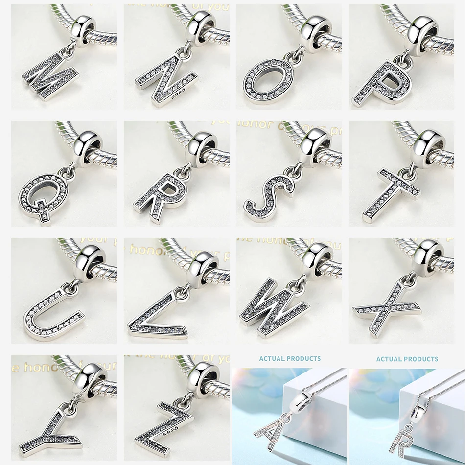 ELESHE Original 925 Sterling Silver Alphabet Bead Crystal A-Z letter Pendant Charms Fit Bracelets DIY Jewelry Christmas Gift | Украшения и