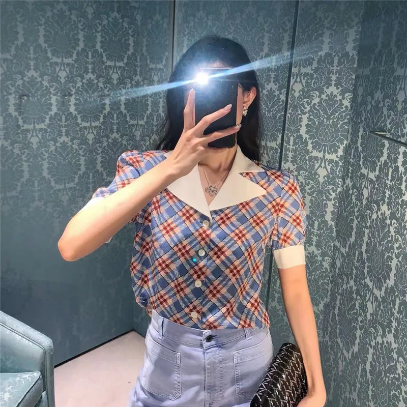 

Рубашка женская в клетку, с коротким рукавом, в стиле ретро