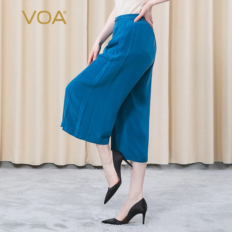 

VOA 30m/m Heavy Mulberry Silk Blue Twist Three-dimensional Decoration Elastic Waist Fold Pocket Loose Wide-leg Pants KE352