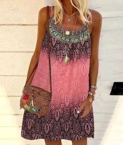 

Summer Dress Women Vintage ed Strap Lady Casual Loose Mini Beach Dress 2021