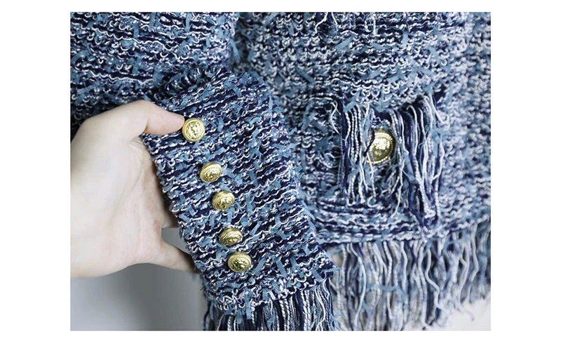 

Autumn Winter O-Neck New Knitted Tassel Tweed Women Long Sleeve Slim Office Ladies Fringed Short Jacket Coat