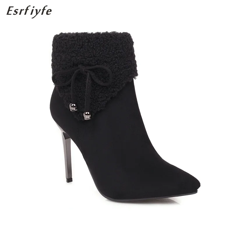 

ESRFIYFE 2020 New Women Ankle Boots Flock Zipper Boots High Heels Autumn Winter Shoes Black Zapatos De Mujer Pointed Toe Boots
