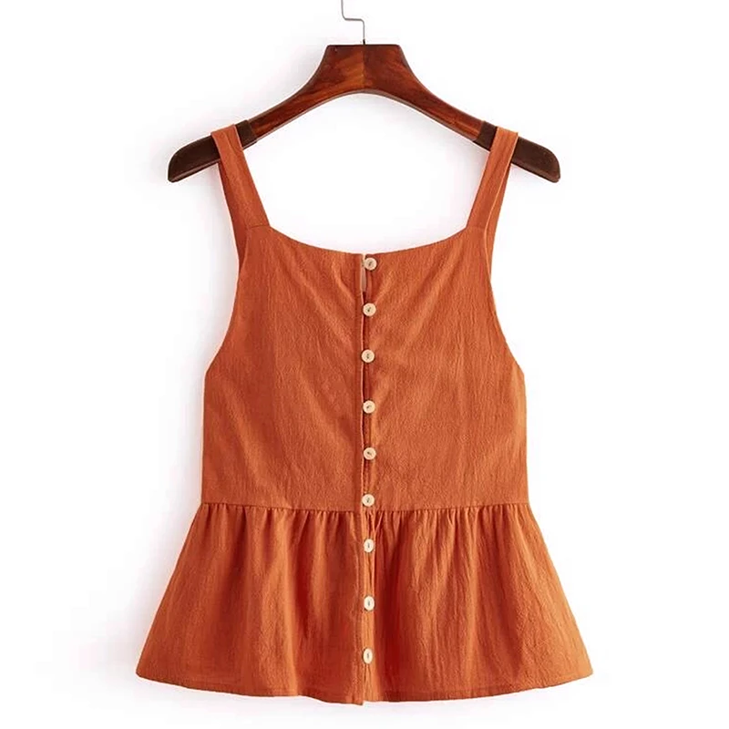 

Sexy Spaghetti Strap Button Up Peplum Cami Top for Women Hot Girls Summer Casual Solid Orange Color Cami Tops Plus Size