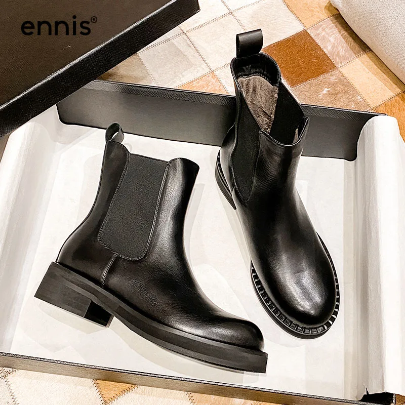 

ENNIS Brand Genuine Leather Ankle Boots Women Chelsea Boots Autumn Winter Square Heel Black Boots Platform Shoes Fashion A30A