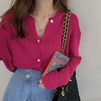 the new2021korean fashion pitaya color ribbed knitted cardigan women autumn long sleeve basic cropped sweaters casual tops