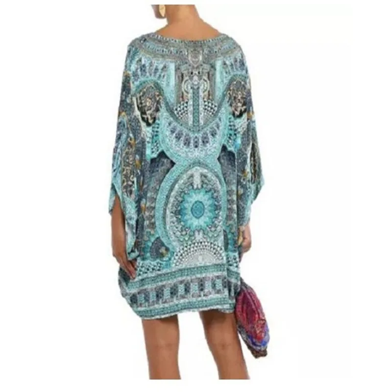 

WEPBEL Women Elegant Boho Print Loose Dress Ladies Spring Autumn Long Sleeve V Neck Folk Style Mini Dress