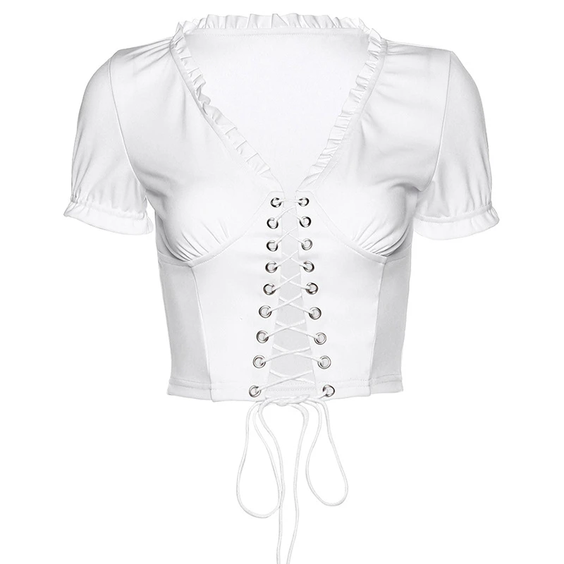summer high quality low chest v-neck frill tees crop top woman solid sexy hollow out bar party lace up kpop t shirt mujer | Женская