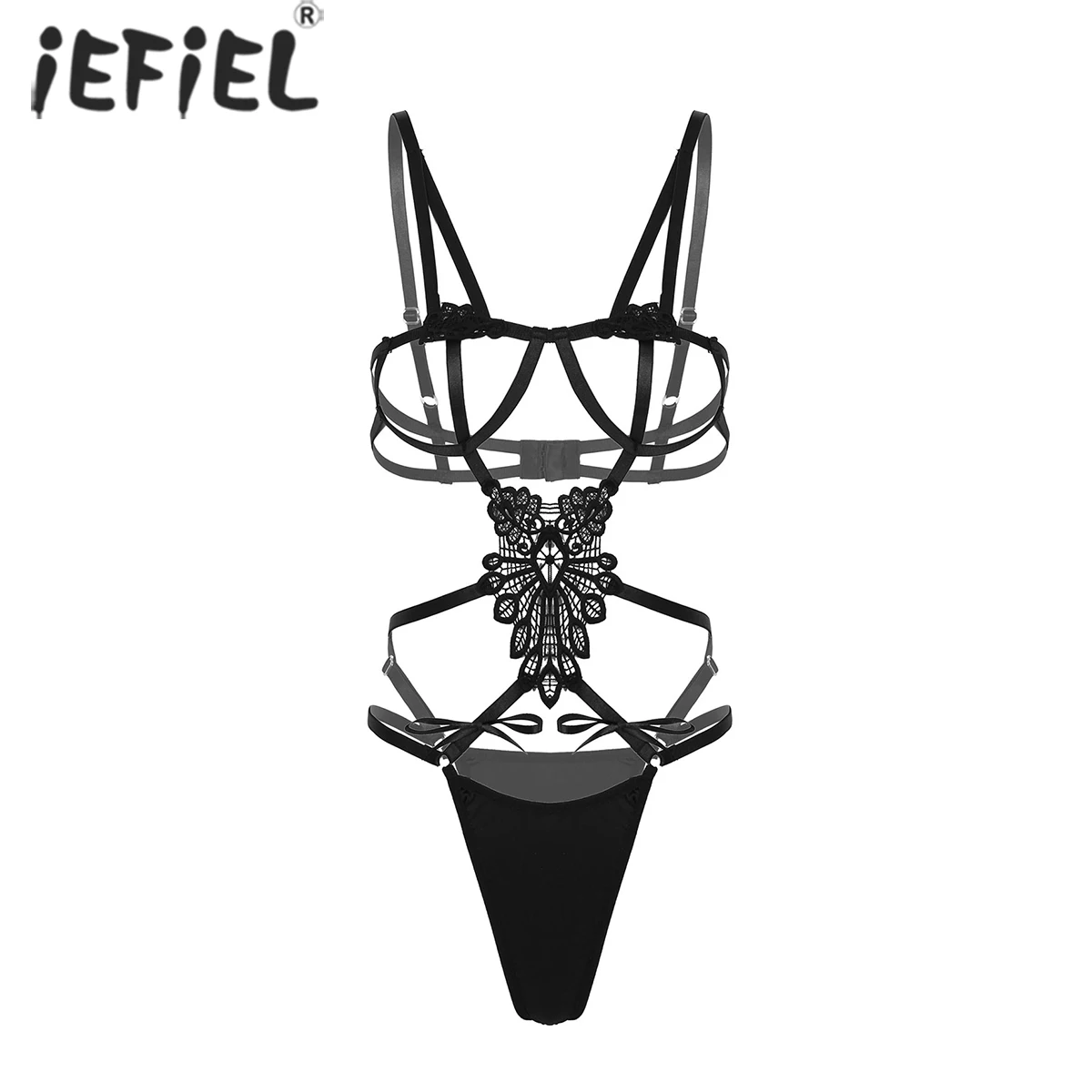 

Women Hallow Out Sexy Bodysuit Embroidery Jumpsuit Ladies Open Cups Bra Tops with Bowknot Strappy Briefs Exotic Lingerie Suits