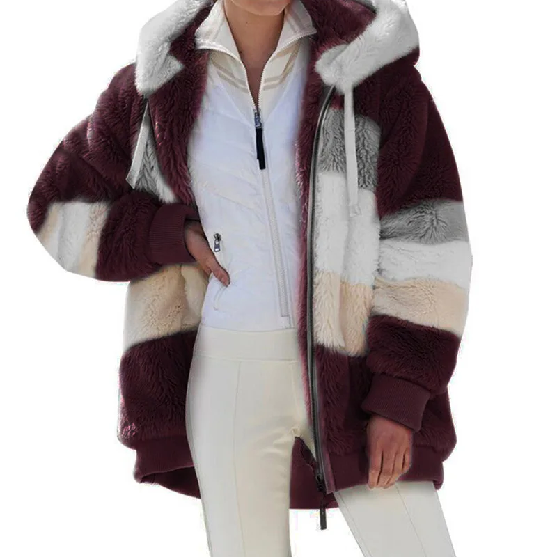 

Contrasting Plush Padded Coat Loose Fit Zipper Closure Hooded Coat Outerwear for Women SWD889
