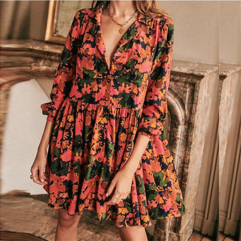 

Женское винтажное платье-рубашка на пуговицах, повседневное свободное мини-платье с цветочным принтом, V-образным вырезом, карманами и полу...